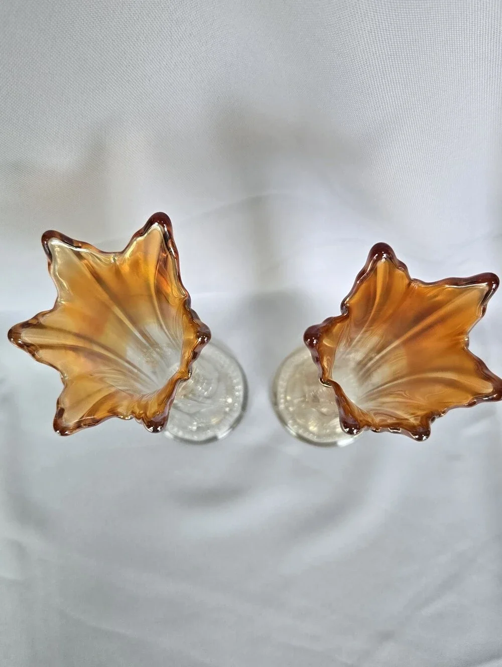 Vintage Marigold Carnival Glass Swung Vases Pair Star Crimp Rib
